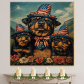 Rottweiler Dog Family in Patriotic Outfits and Star Hats with Flowers in Scenic Landscape for Fourth of July Celebration on Ready to Hang 1.5" Thick Canvas Wrap, Floating Framed Canvas, Flat Rolled Canvas